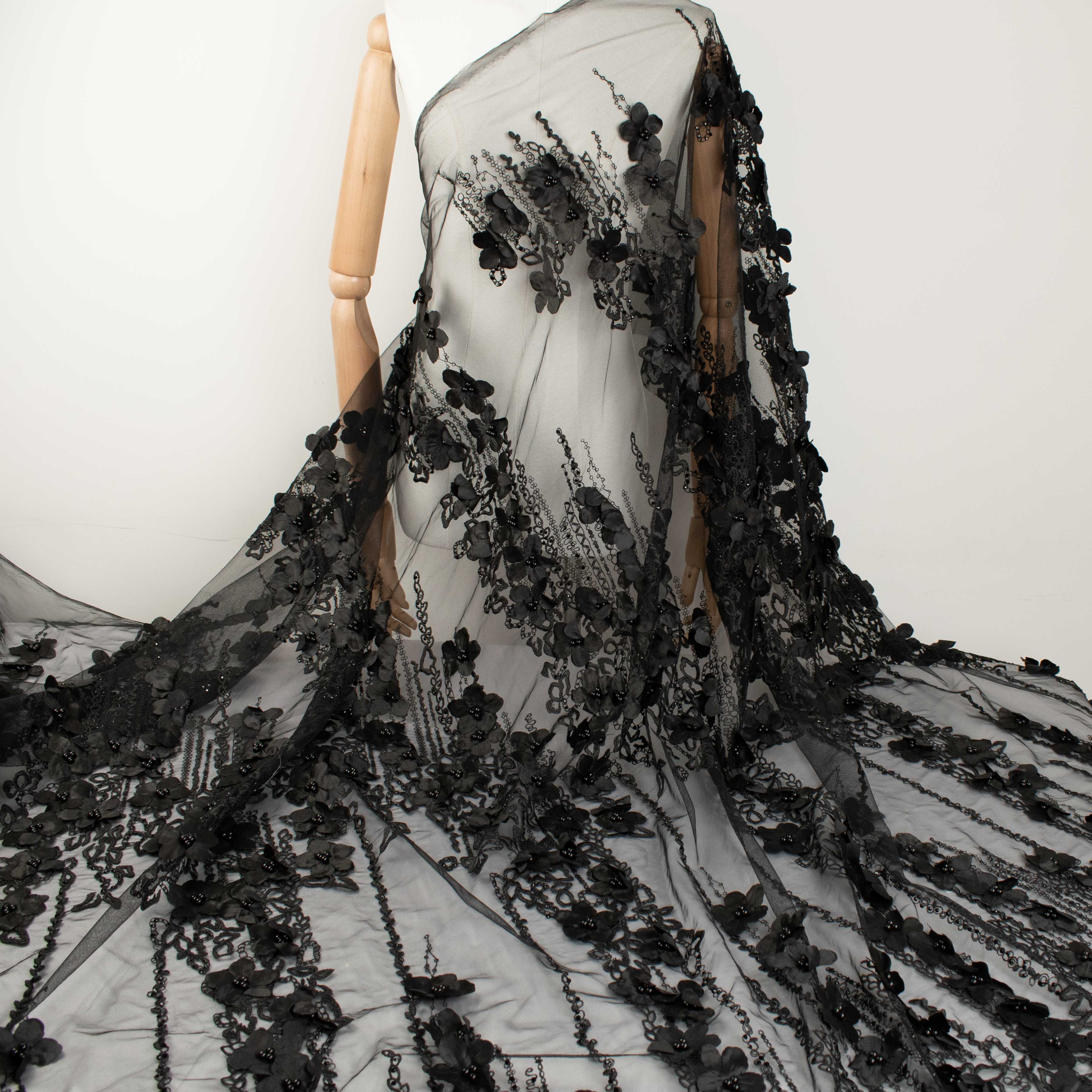 Pearl Embroidery 3D Flower Lace Black