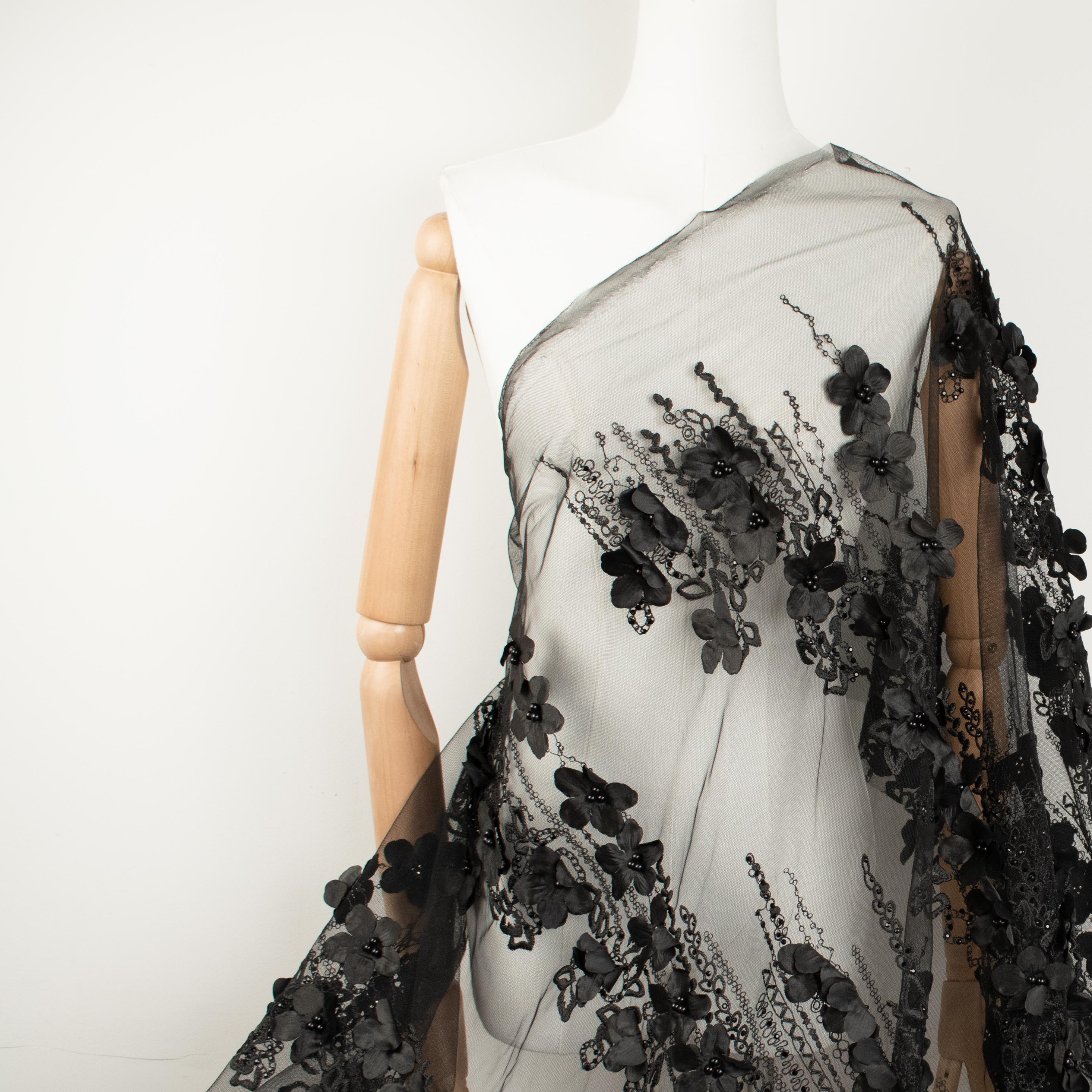 Pearl Embroidery 3D Flower Lace Black