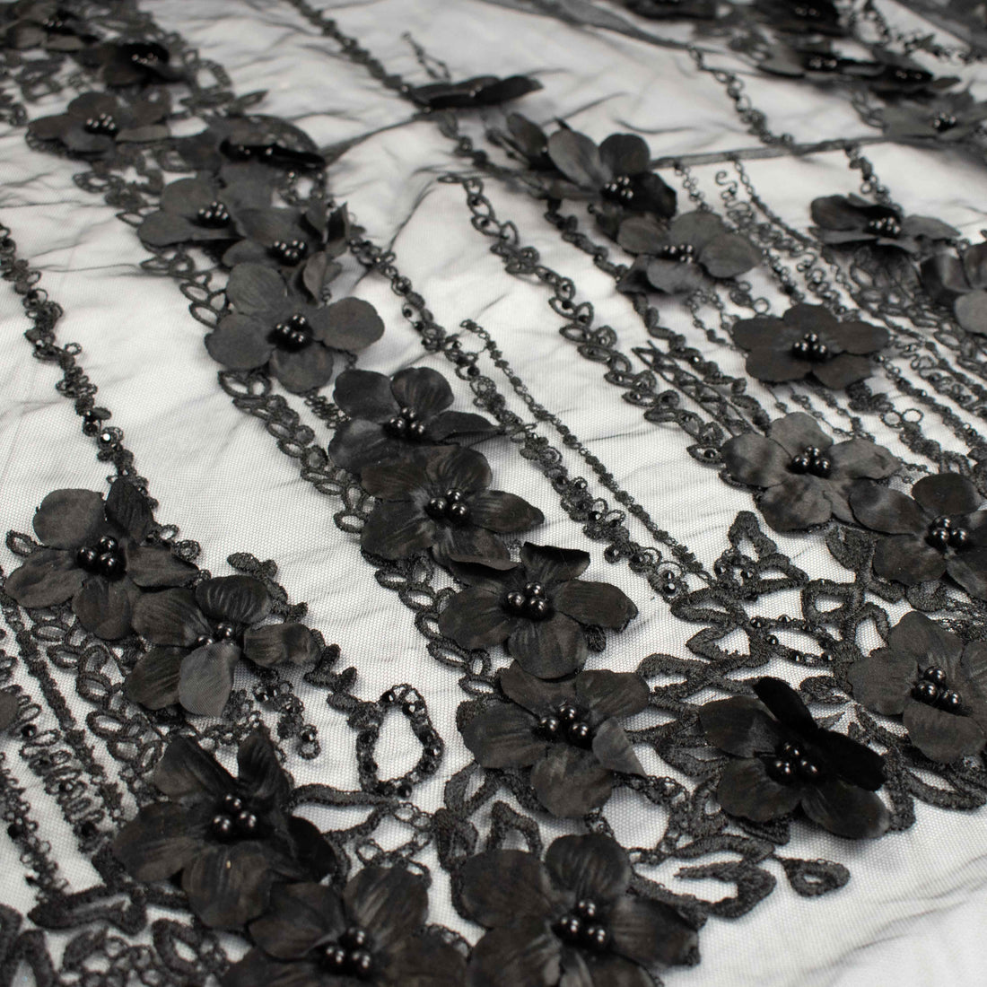 Pearl Embroidery 3D Flower Lace Black