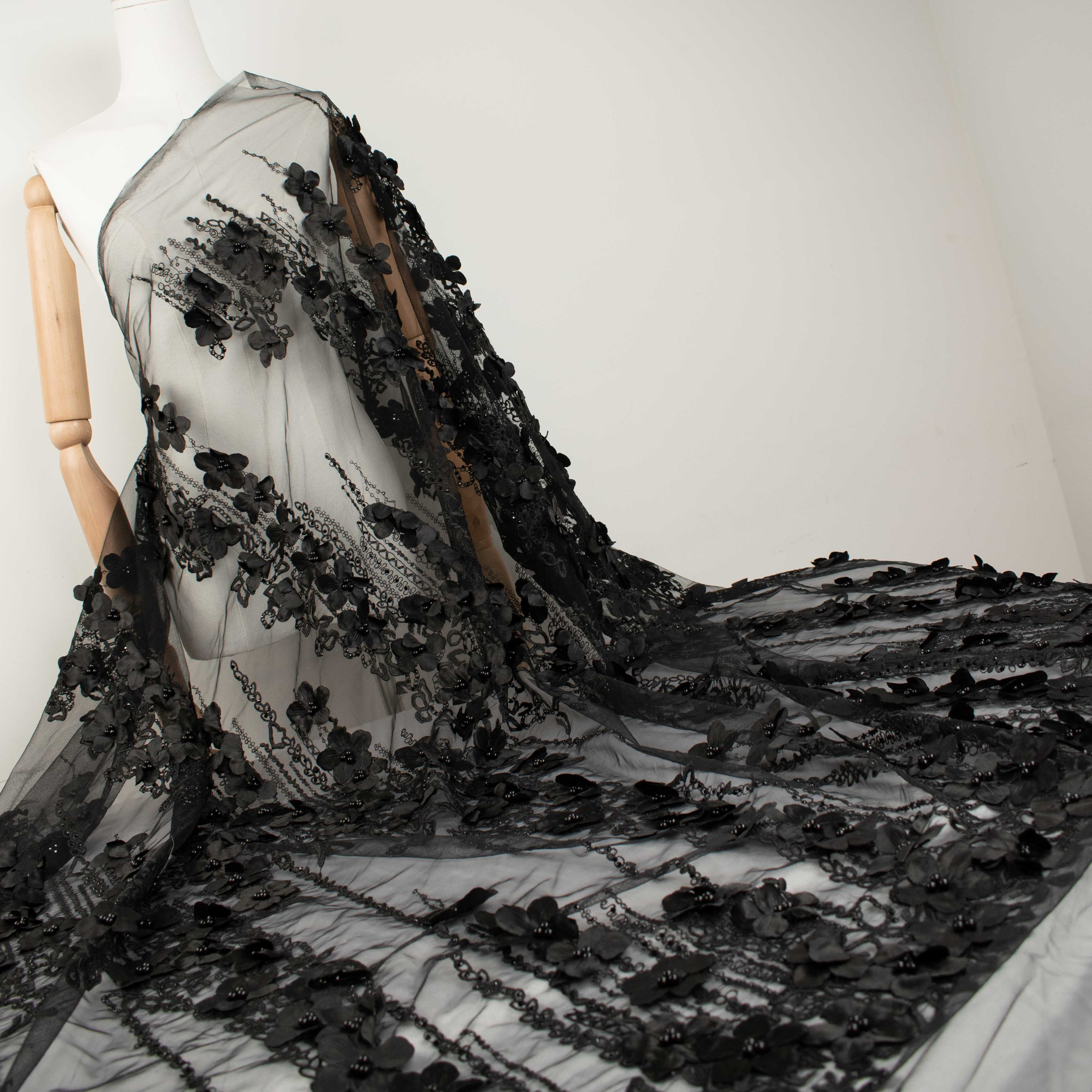 Pearl Embroidery 3D Flower Lace Black