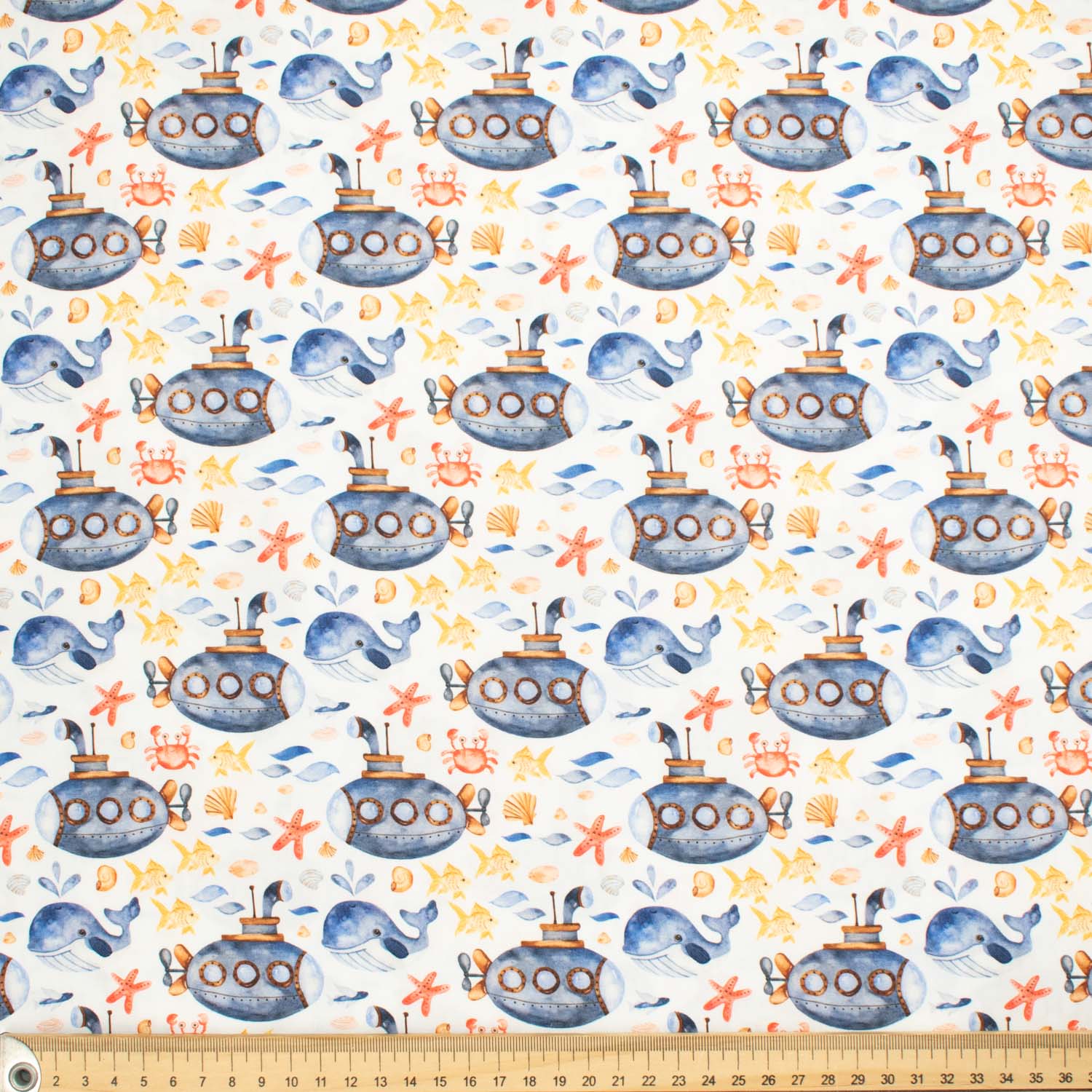 Blue Sea Collection #03 Small Submarine & Sea Life on White Cotton Prints