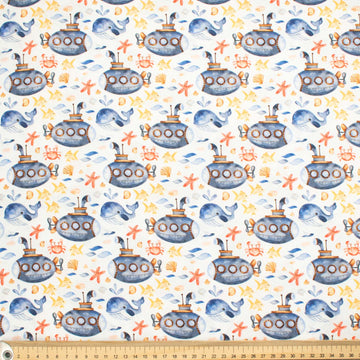 Blue Sea Collection #03 Small Submarine & Sea Life on White Cotton Prints