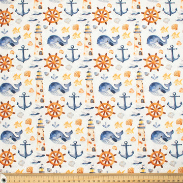 Blue Sea Collection #05 Lighthouse, Anchor, Wheel & Sea Life on White Cotton Prints