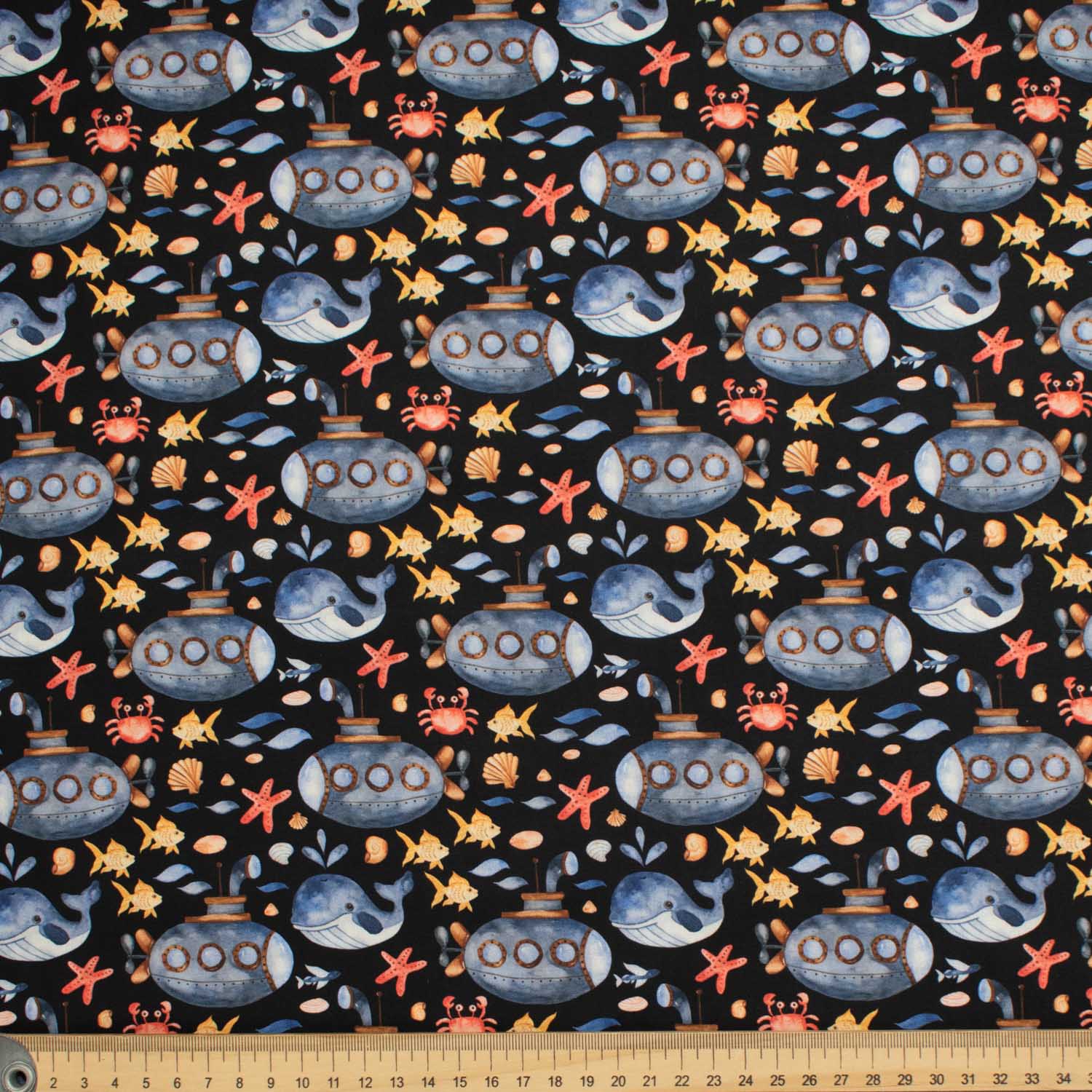 Blue Sea Collection #07 Small Submarine & Sea Life on Black Cotton Prints