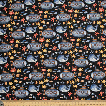 Blue Sea Collection #07 Small Submarine & Sea Life on Black Cotton Prints