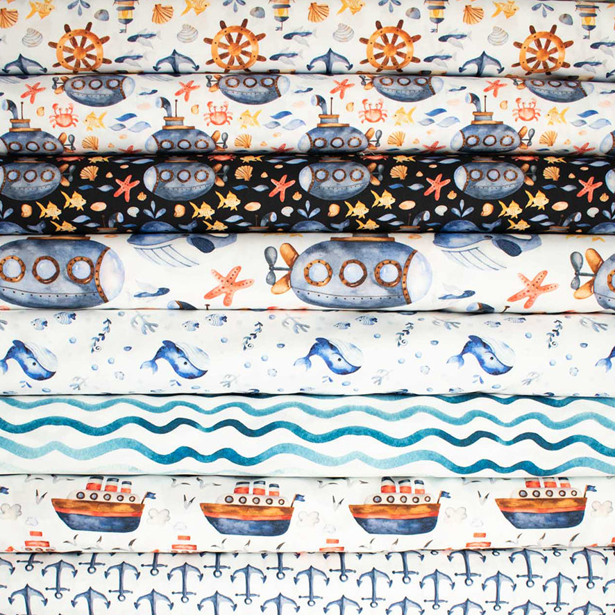 Blue Sea Collection #02 Blue Bubble on White Cotton Prints