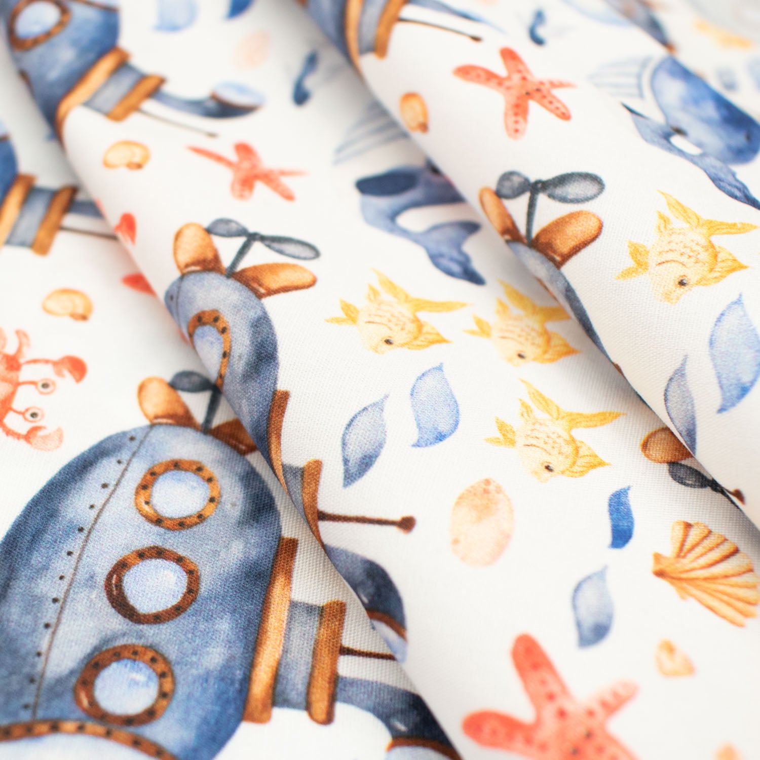 Blue Sea Collection #01 Big Submarine & Sea Life on White Cotton Prints