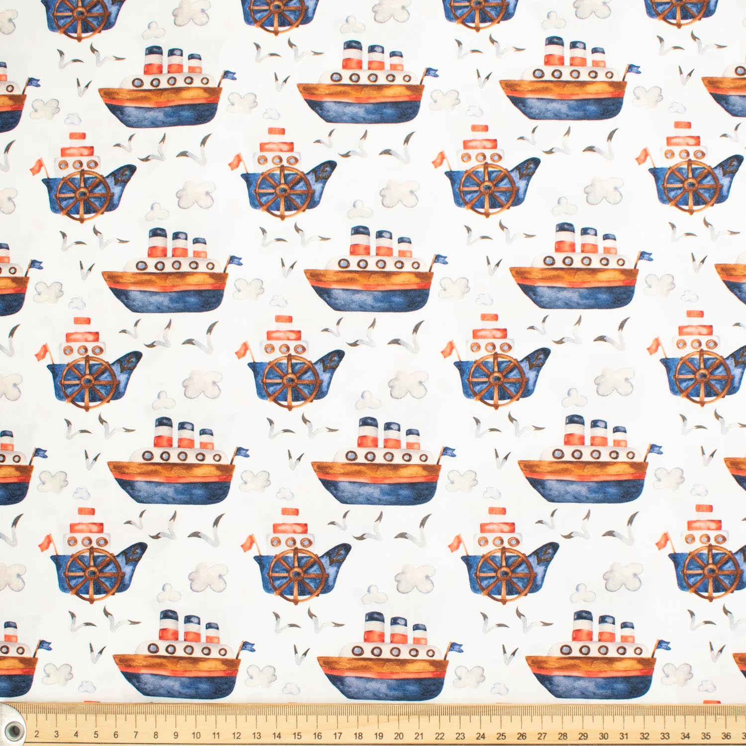 Blue Sea Collection #10 Ship & Seagulls on White Cotton Prints