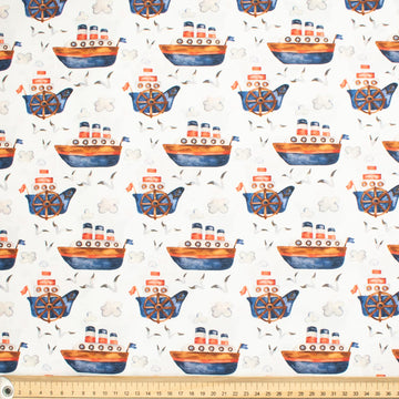 Blue Sea Collection #10 Ship & Seagulls on White Cotton Prints