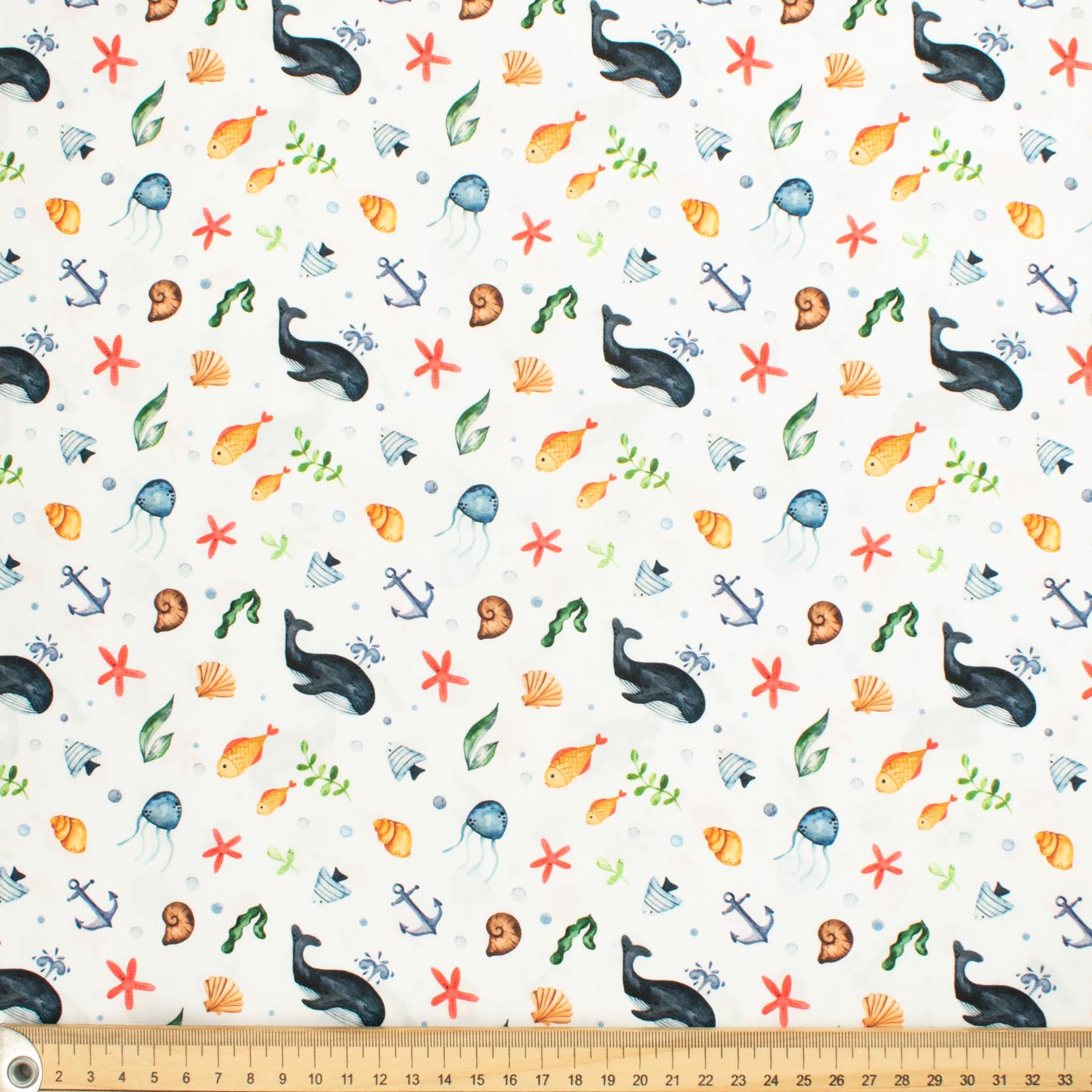 Blue Sea Collection #06 Sea Life & Seaweed on White Cotton Prints