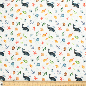 Blue Sea Collection #06 Sea Life & Seaweed on White Cotton Prints