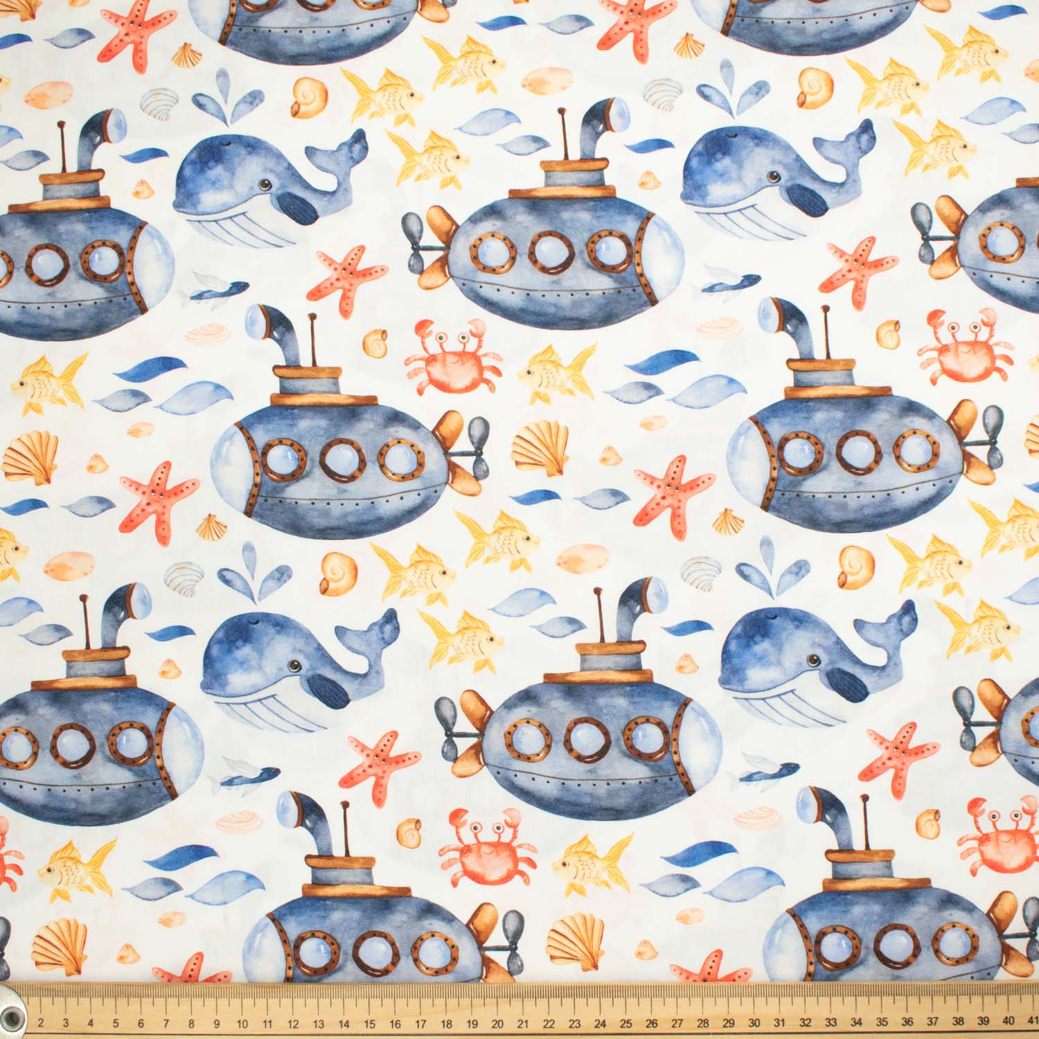 Blue Sea Collection #01 Big Submarine & Sea Life on White Cotton Prints