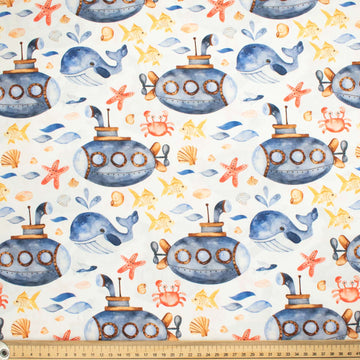 Blue Sea Collection #01 Big Submarine & Sea Life on White Cotton Prints