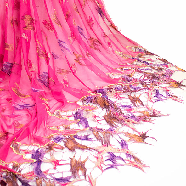 Lace Edged Embroidery Pure Silk Chiffon Coral Pink