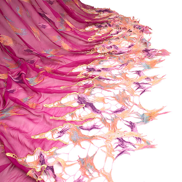 Lace Edged Embroidered Pure Silk Chiffon Magenta