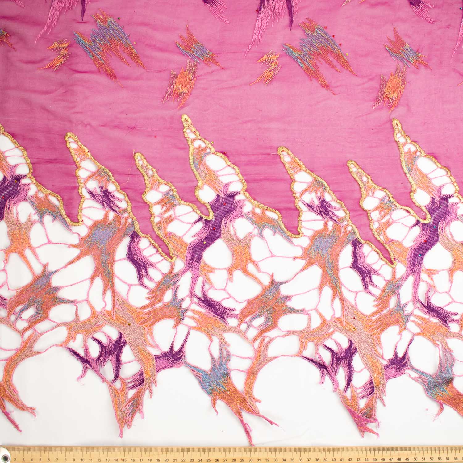 Lace Edged Embroidered Pure Silk Chiffon Magenta