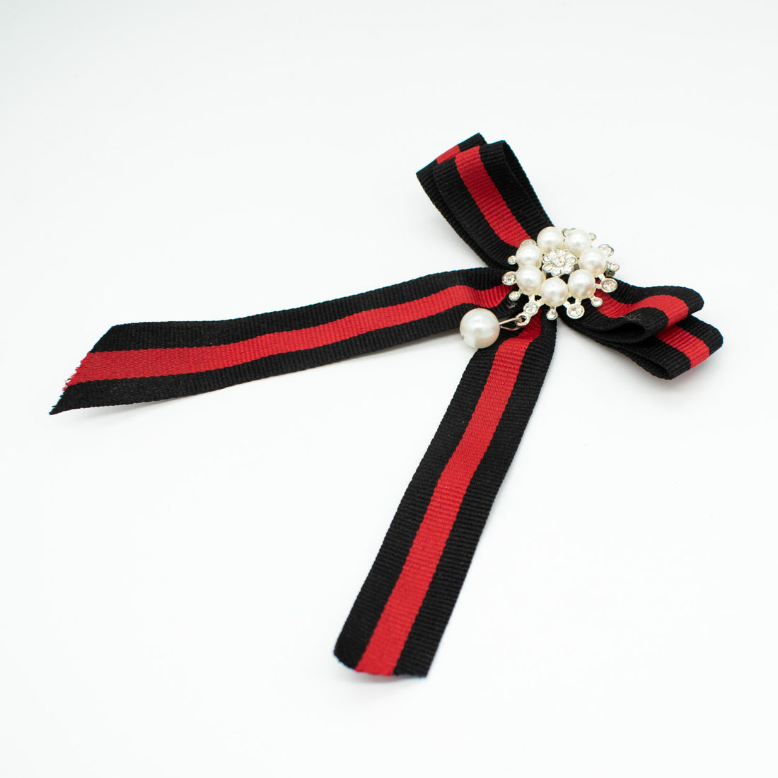 Pearl Diamante Dainty Bow Tie Brooch Red & Black