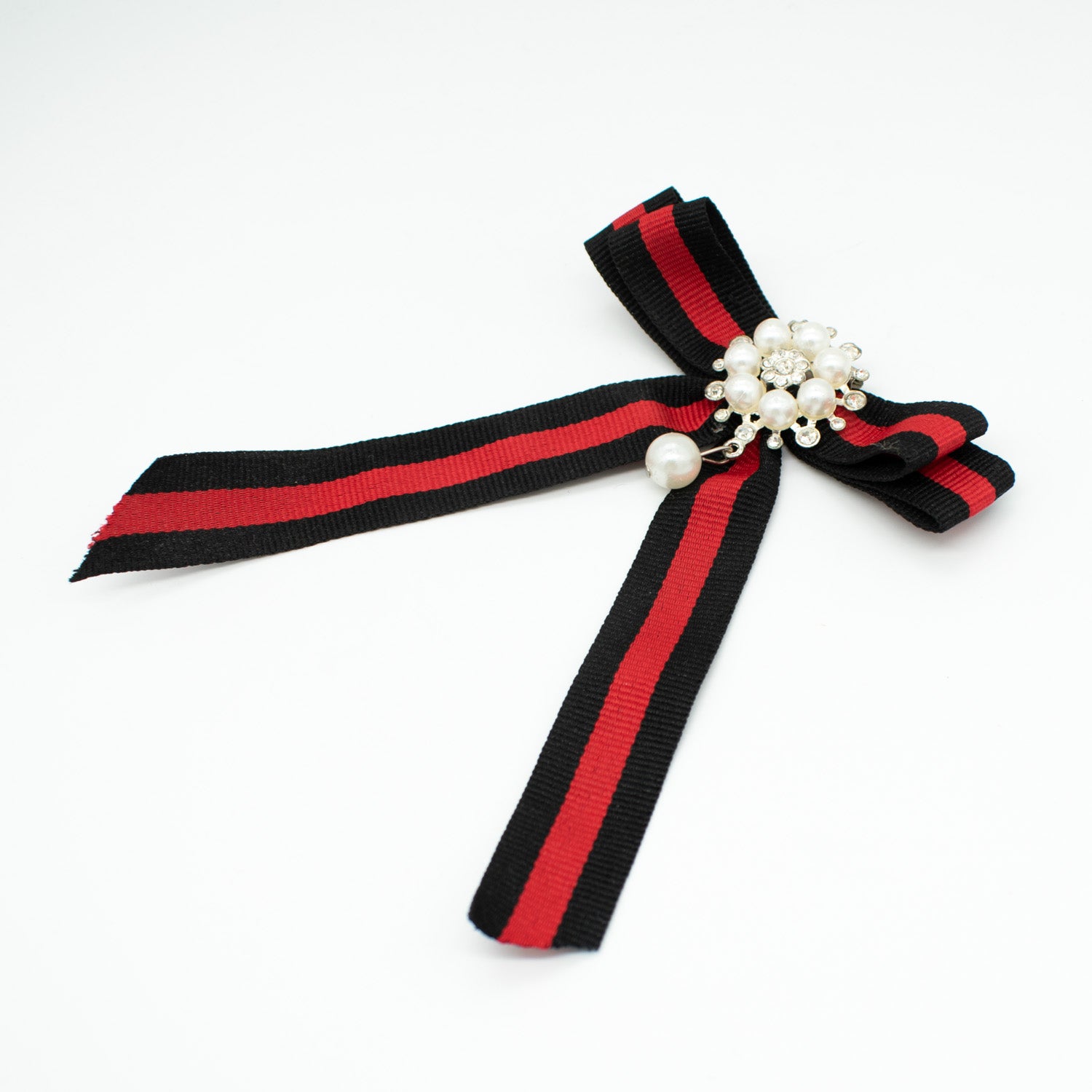 Pearl Diamante Dainty Bow Tie Brooch Red & Black