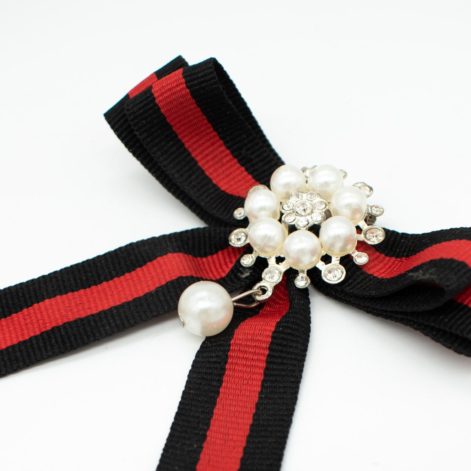 Pearl Diamante Dainty Bow Tie Brooch Red & Black