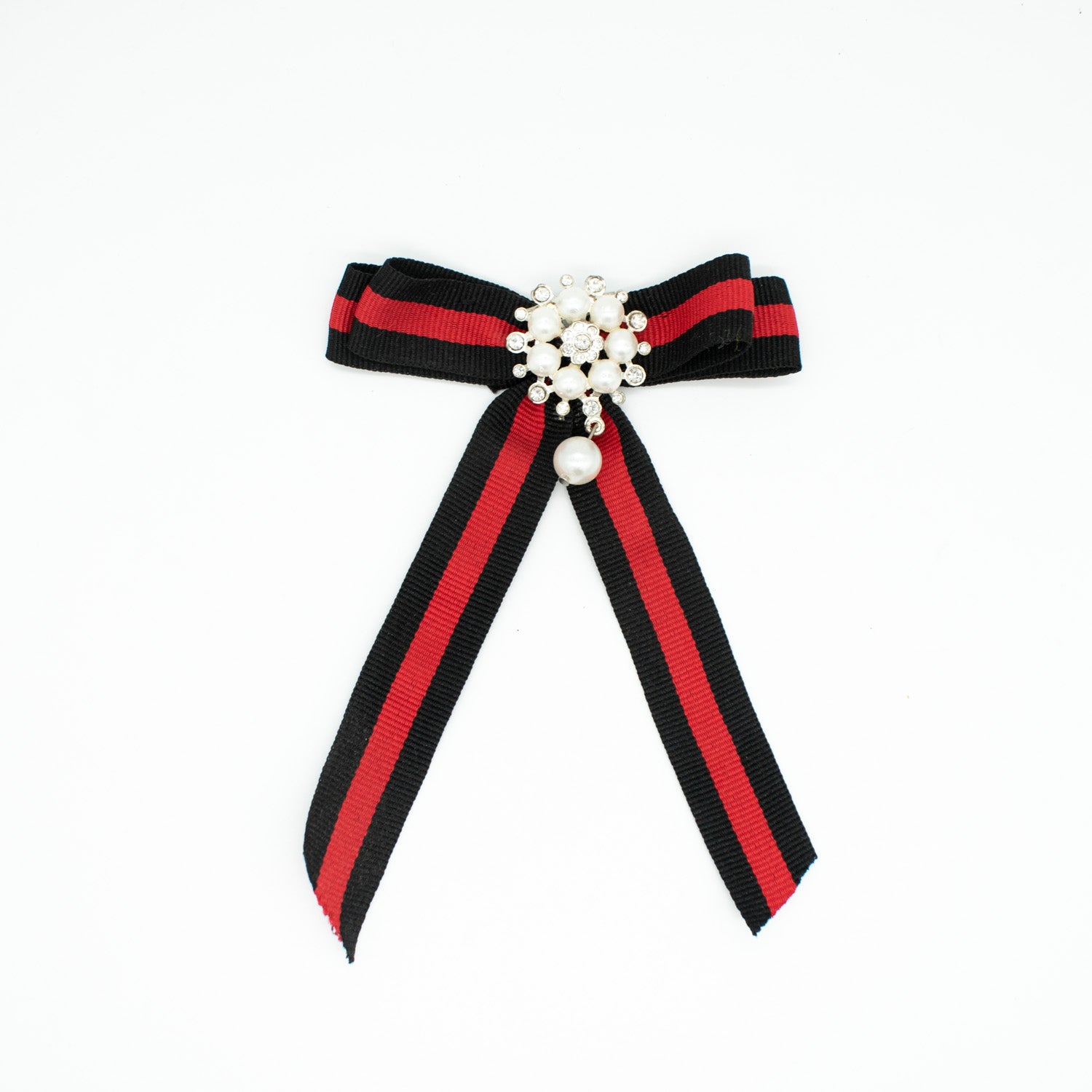 Pearl Diamante Dainty Bow Tie Brooch Red & Black