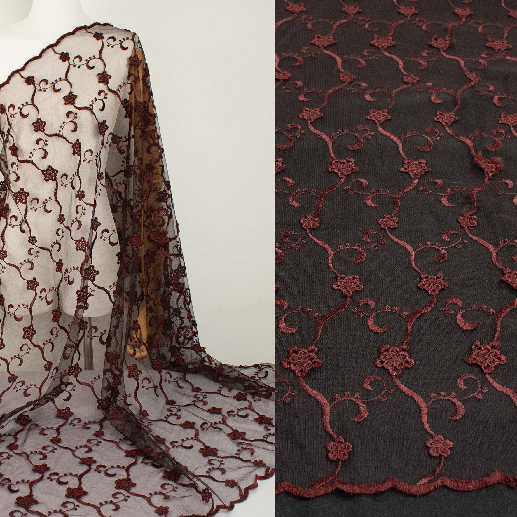 Chantilly French 3D Maroon Flower Lace