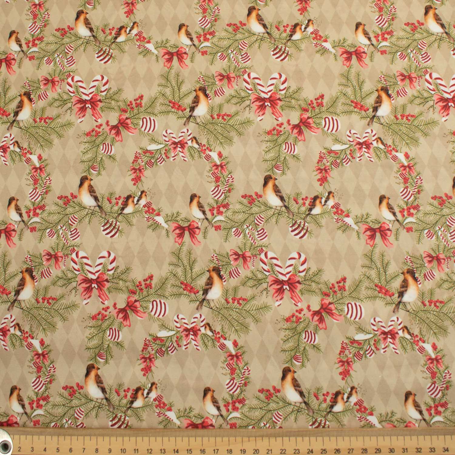 Christmas Cotton Prints Birds, Ribbon & Candy Canes on Beige