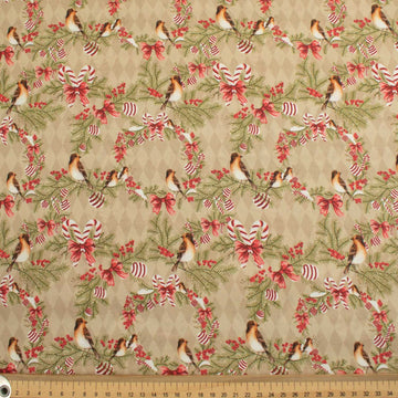 Christmas Cotton Prints Birds, Ribbon & Candy Canes on Beige