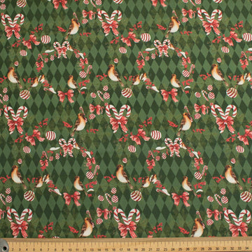 Christmas Cotton Prints Birds, Ribbon & Candy Canes on Green