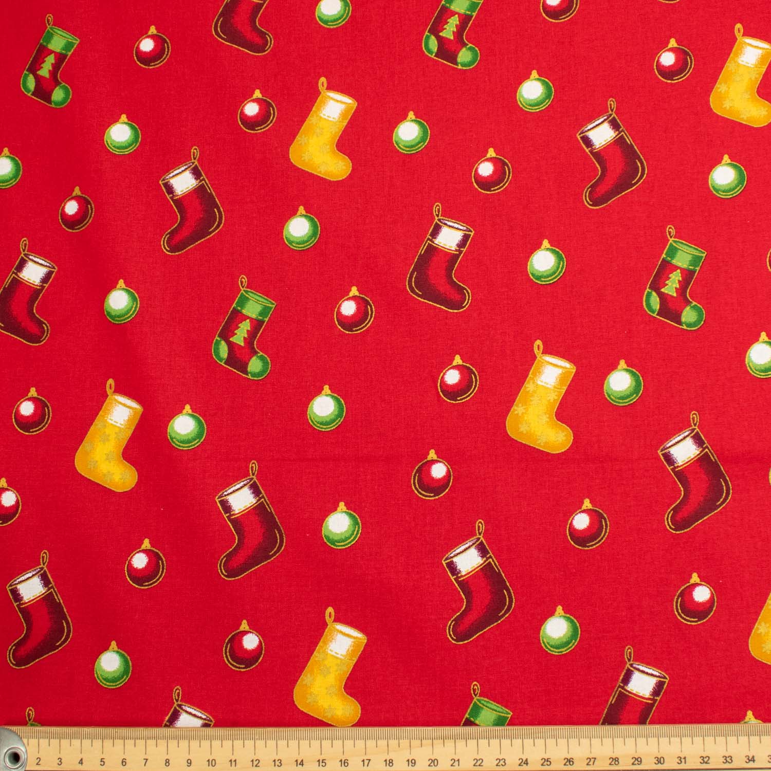 Christmas Cotton Prints Christmas Bauble & Stocking on Red