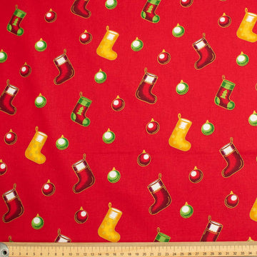 Christmas Cotton Prints Christmas Bauble & Stocking on Red