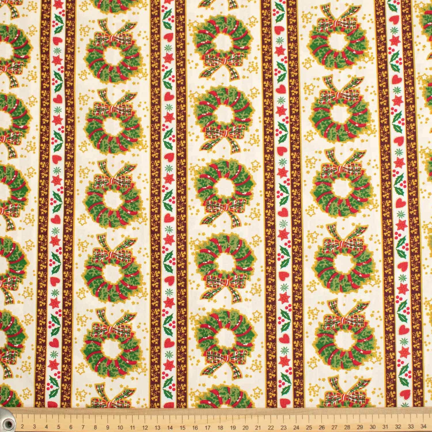 Christmas Cotton Prints Christmas Wreath & Stripes on Cream