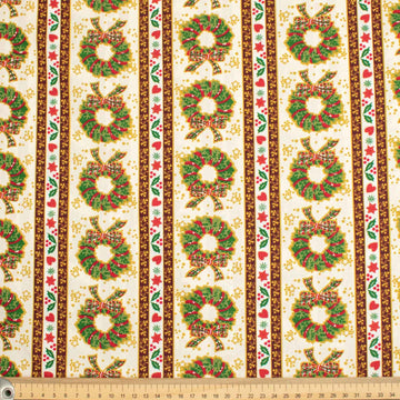 Christmas Cotton Prints Christmas Wreath & Stripes on Cream