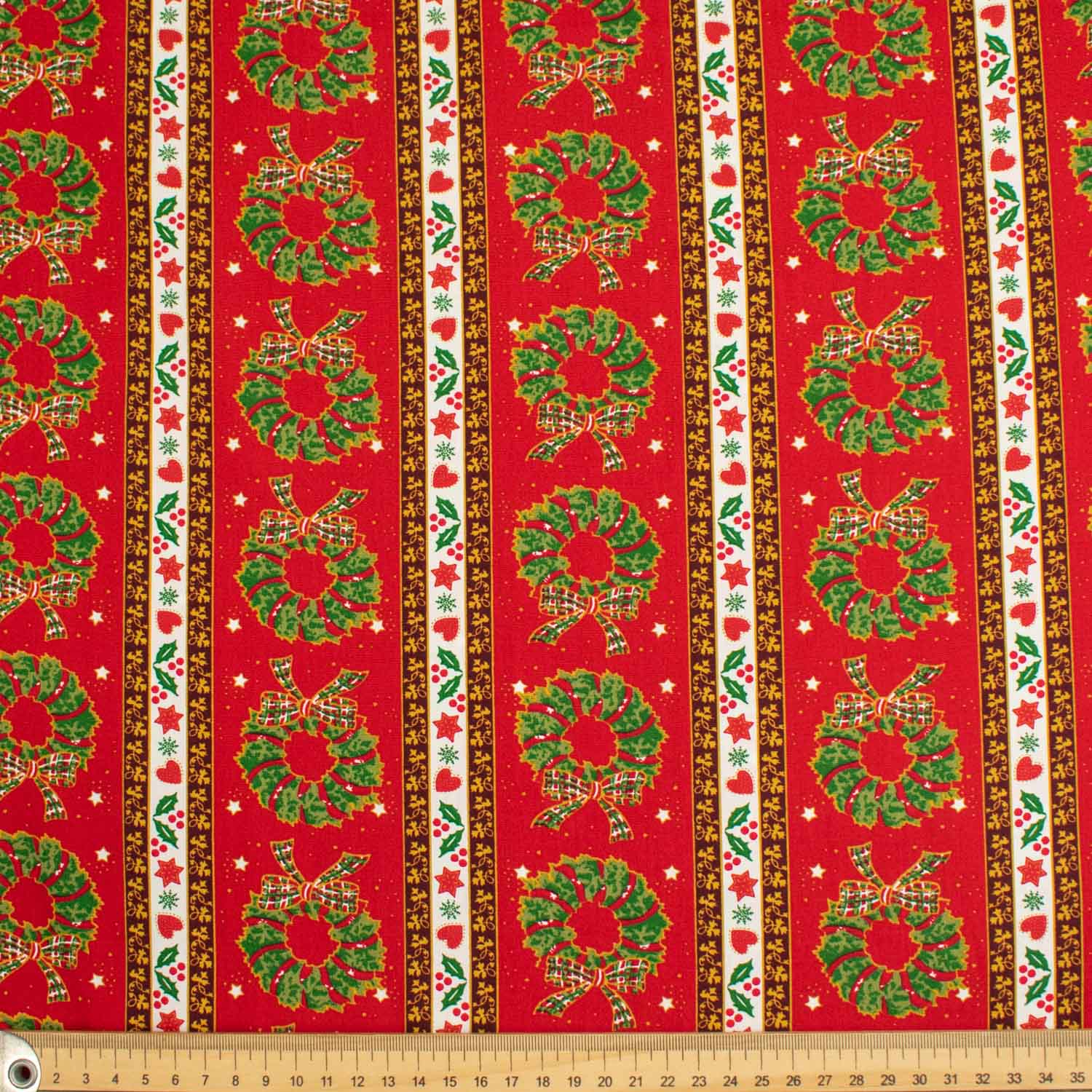 Christmas Cotton Prints Christmas Wreath & Stripes on Red