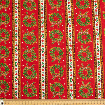Christmas Cotton Prints Christmas Wreath & Stripes on Red