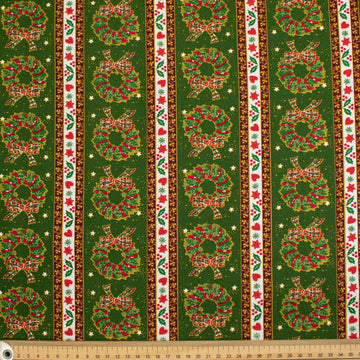 Christmas Cotton Prints Christmas Wreath & Stripes on Green
