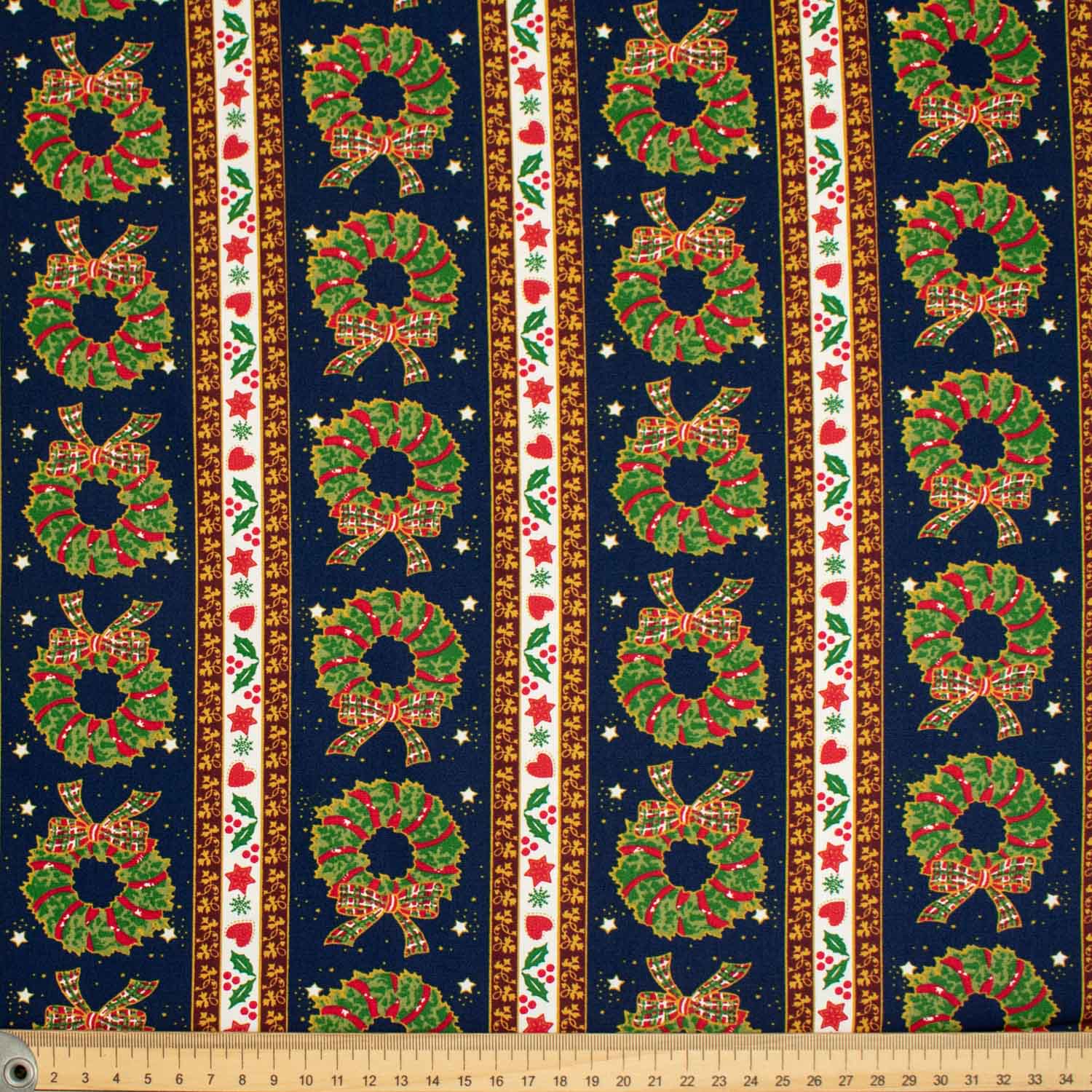 Christmas Cotton Prints Christmas Wreath & Stripes on Navy