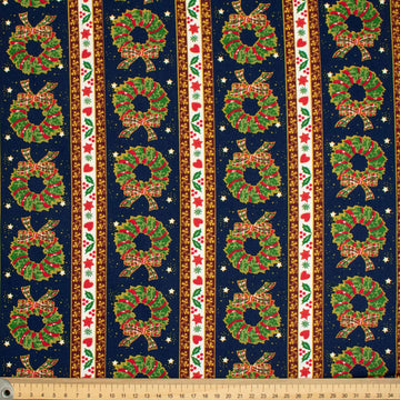 Christmas Cotton Prints Christmas Wreath & Stripes on Navy