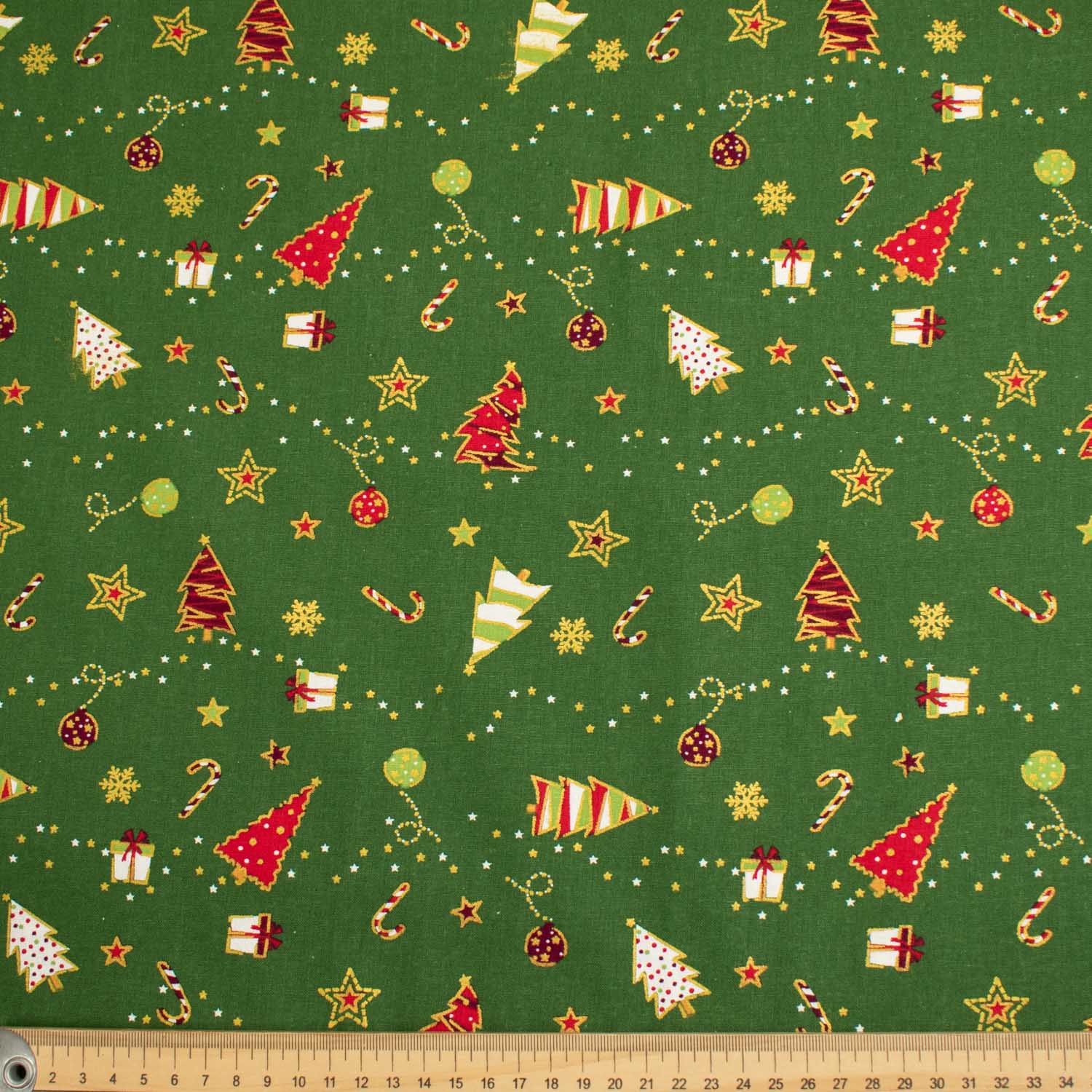 Christmas Cotton Prints Christmas Tree, Decoration Bauble, Star, Gift Box & Candy Canes on Green