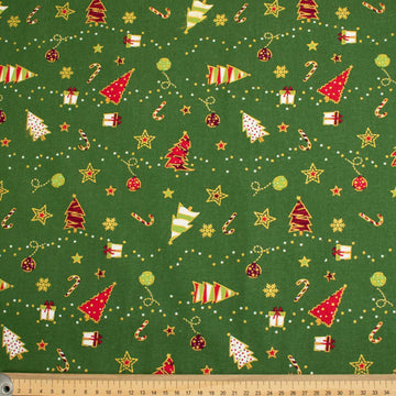 Christmas Cotton Prints Christmas Tree, Decoration Bauble, Star, Gift Box & Candy Canes on Green