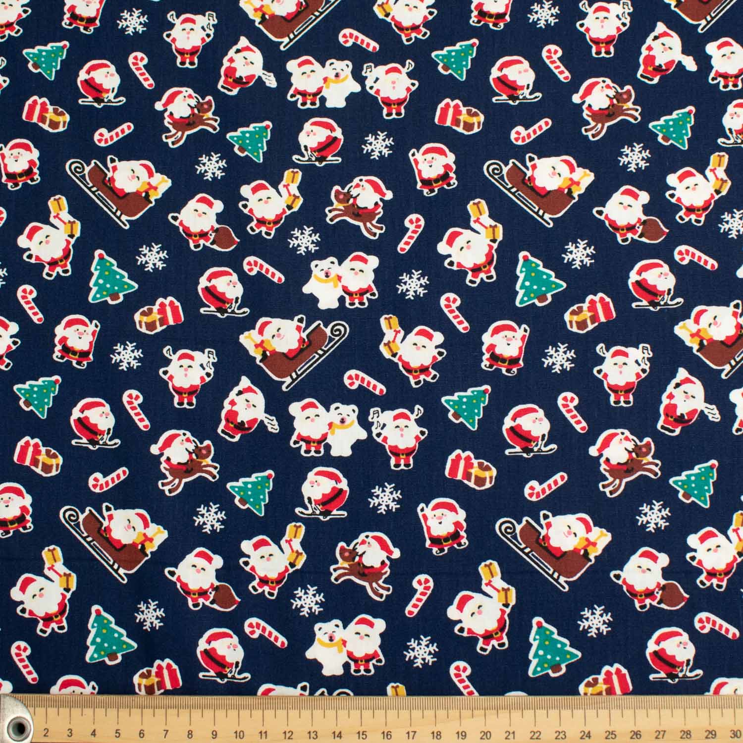 Christmas Cotton Prints Santa, Candy Canes & Snow Flakes on Navy