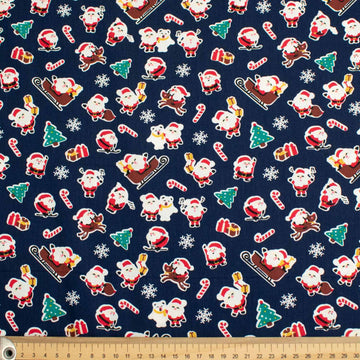 Christmas Cotton Prints Santa, Candy Canes & Snow Flakes on Navy