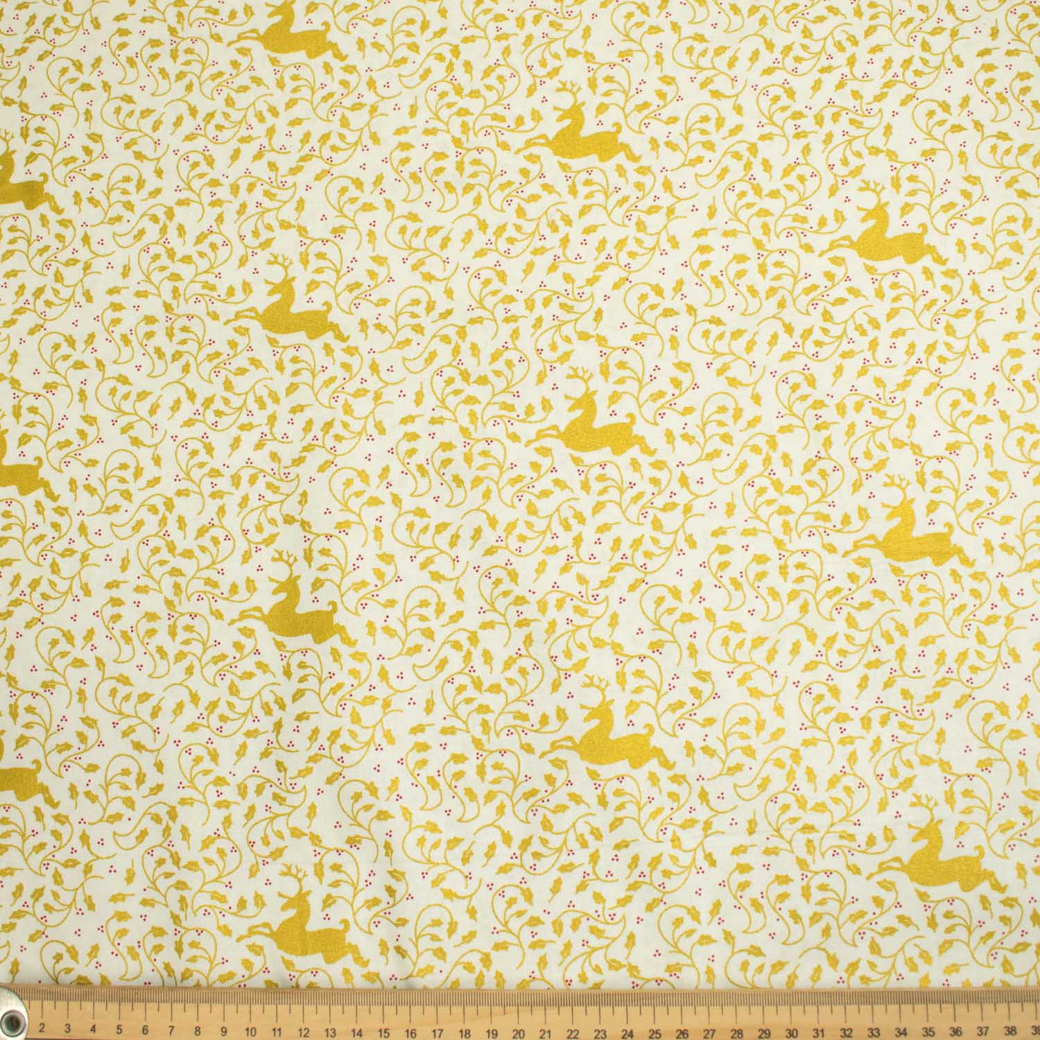 Christmas Cotton Prints Gold Reindeers & Vines on White