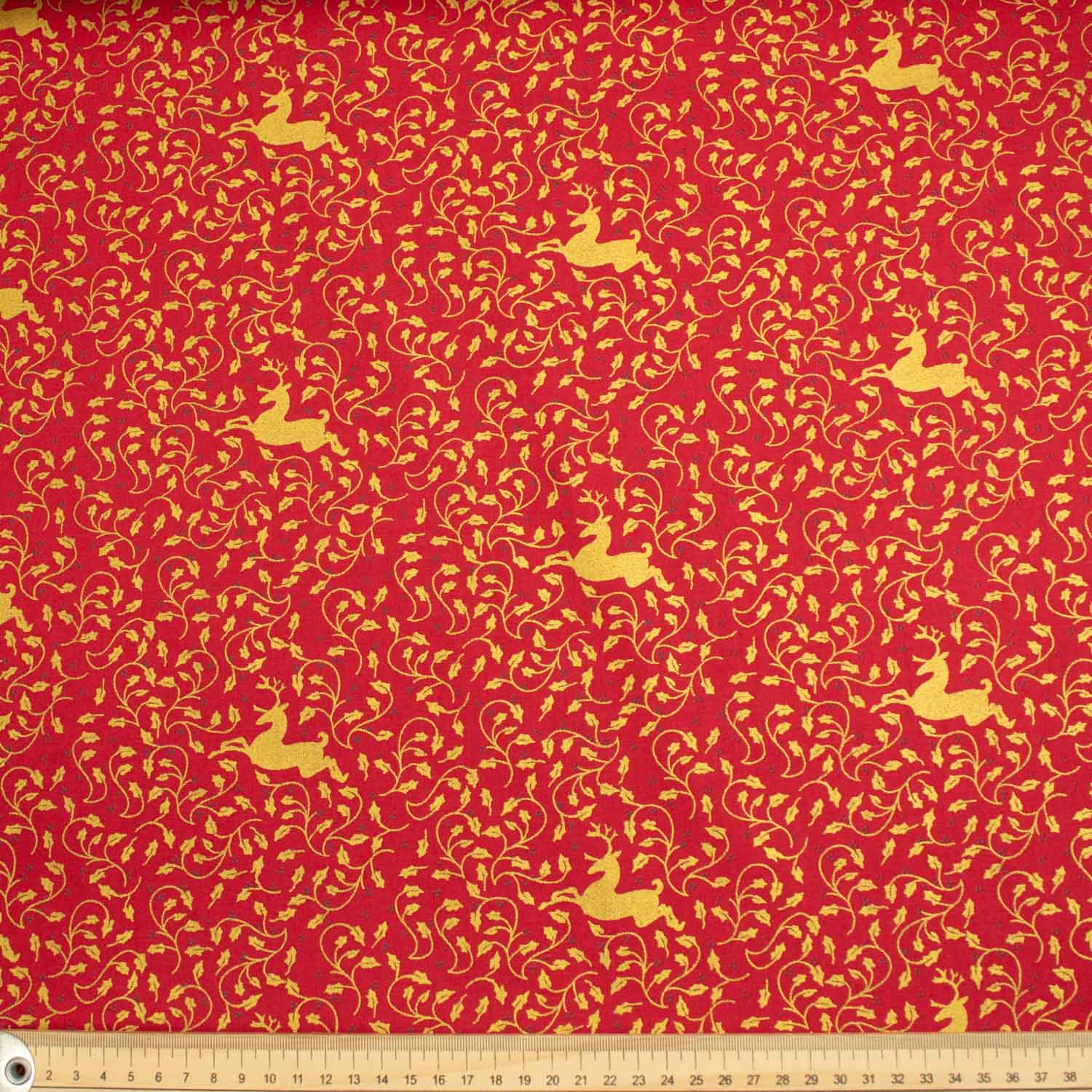 Christmas Cotton Prints Gold Reindeers & Vines on Red
