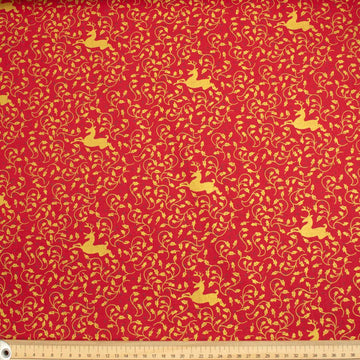 Christmas Cotton Prints Gold Reindeers & Vines on Red