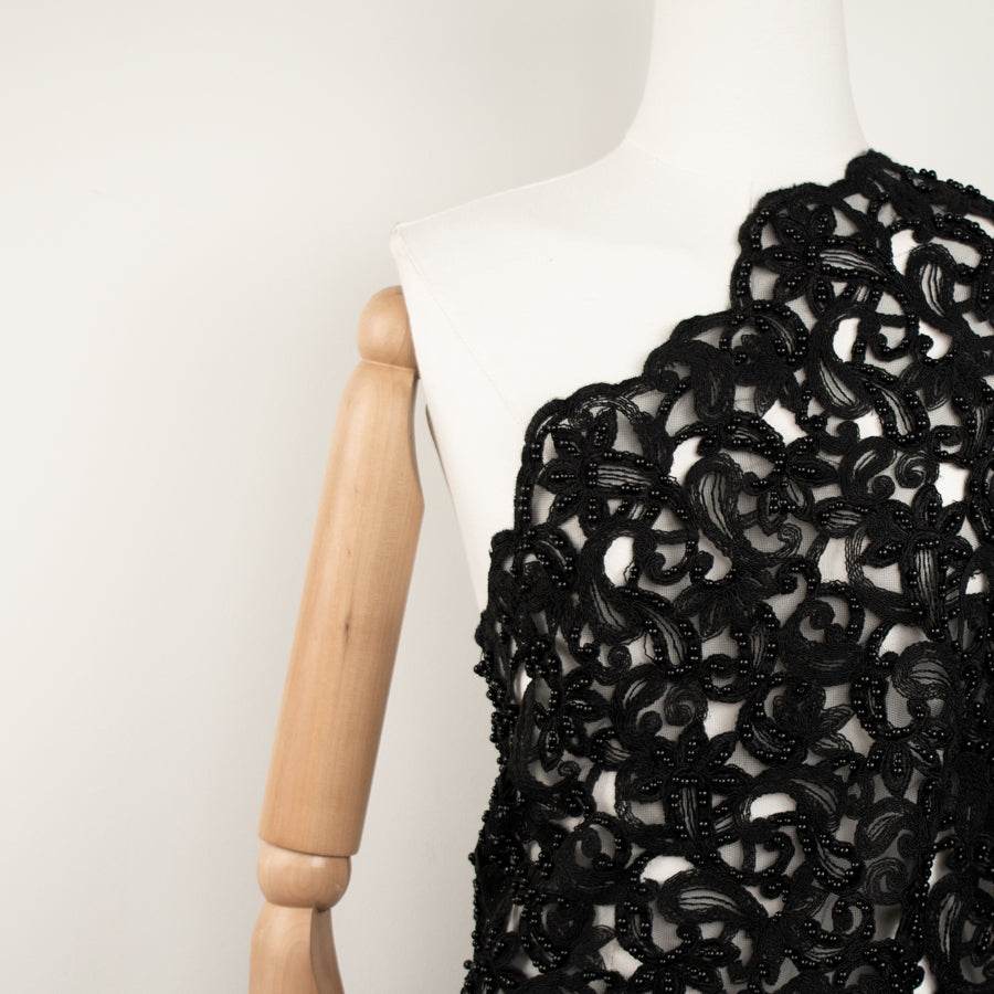 Corded Cutwork Beaded Lace Black