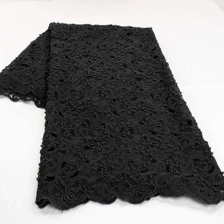 Corded Cutwork Beaded Lace Black