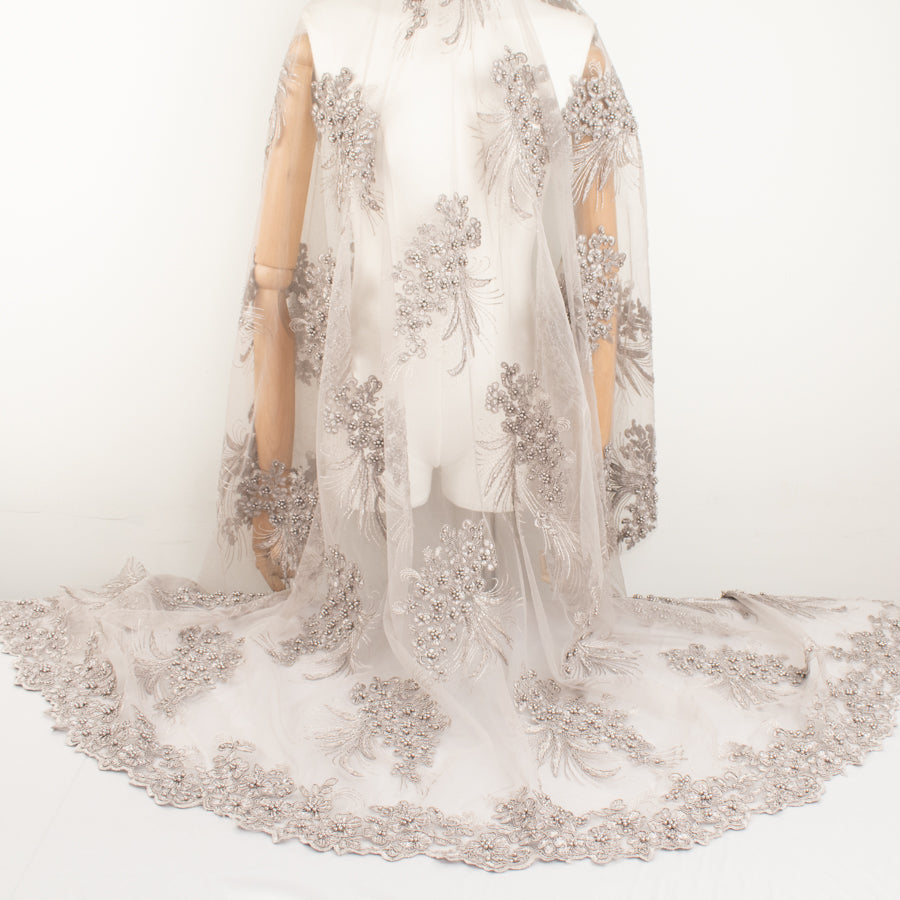 Corded Pearl/Beaded Embroidery Chantilly Lace Silver