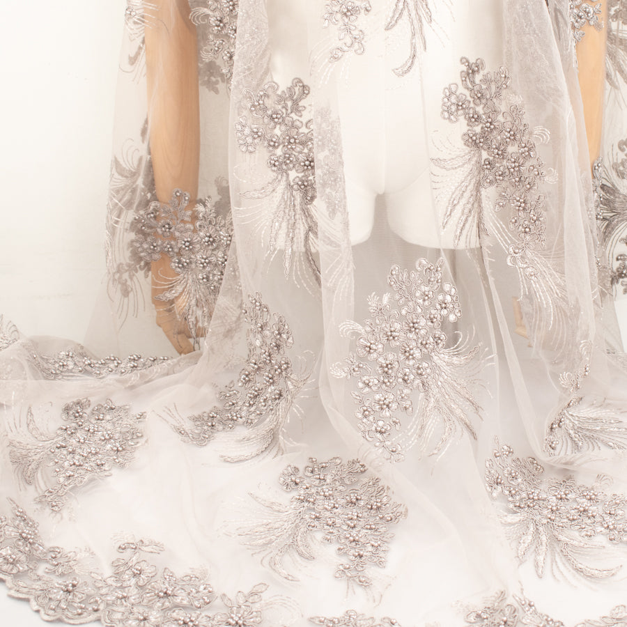 Corded Pearl/Beaded Embroidery Chantilly Lace Silver