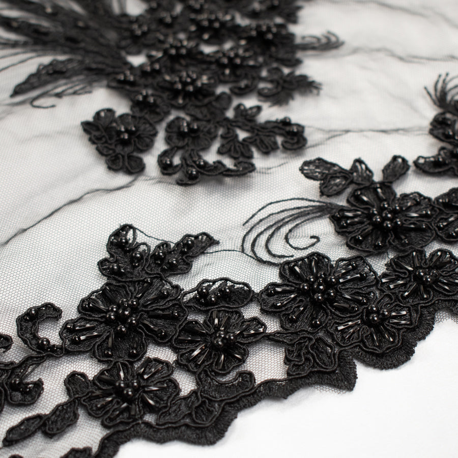 Corded Pearl/Beaded Embroidery Chantilly Lace Black