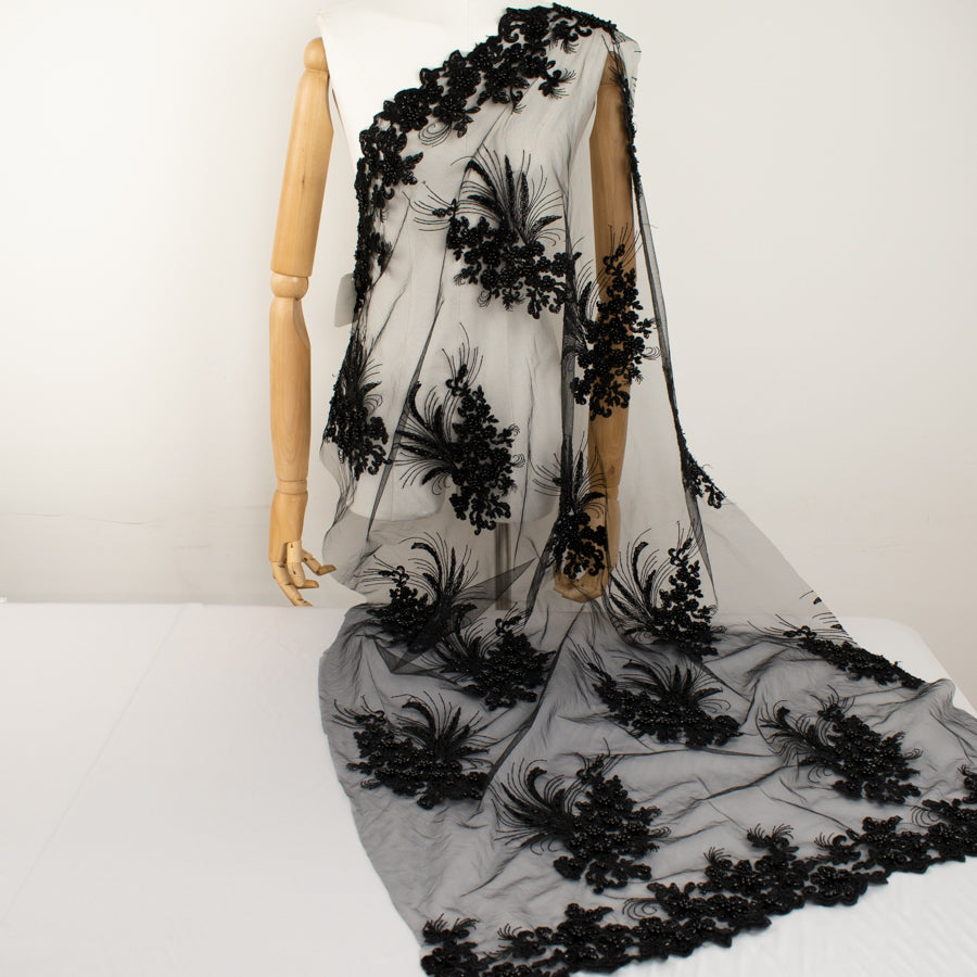 Corded Pearl/Beaded Embroidery Chantilly Lace Black